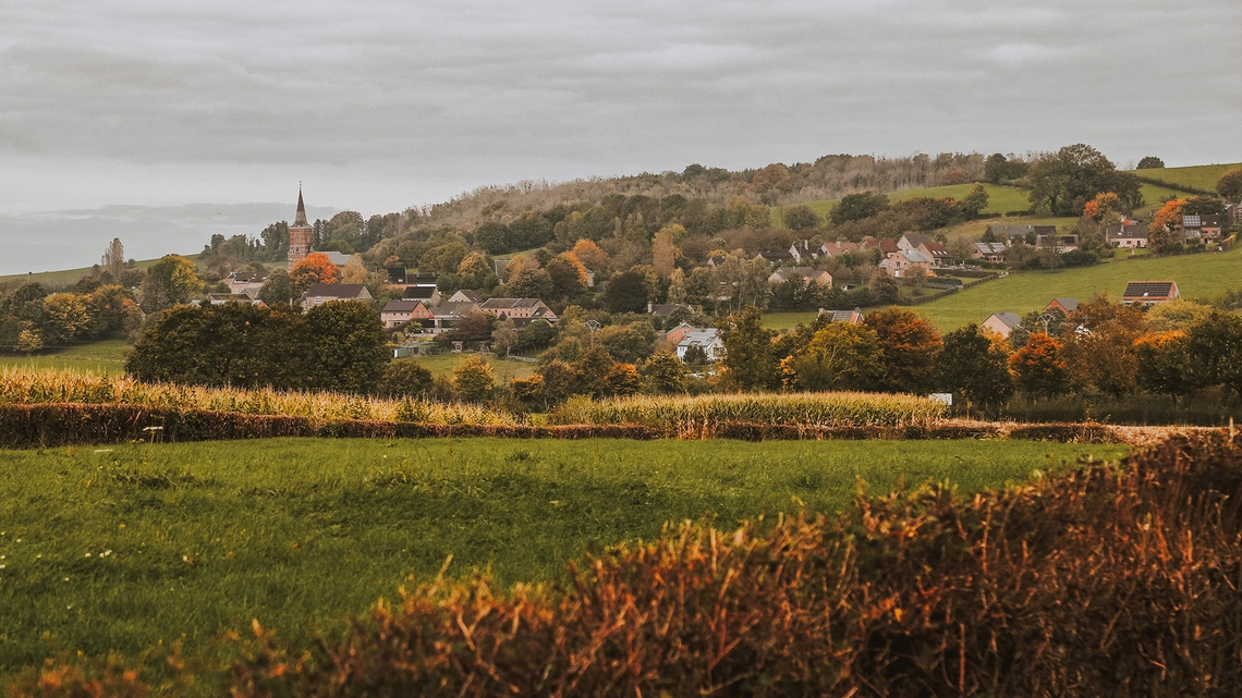 Glooiend-landschap-met-weilanden,-bomen-en-dorpje